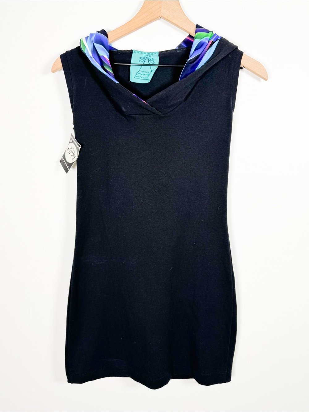 NWT OUTER SPACEWAYS Apparel Abstract Print Black Sleeveless Tunic Hoodie Sz S